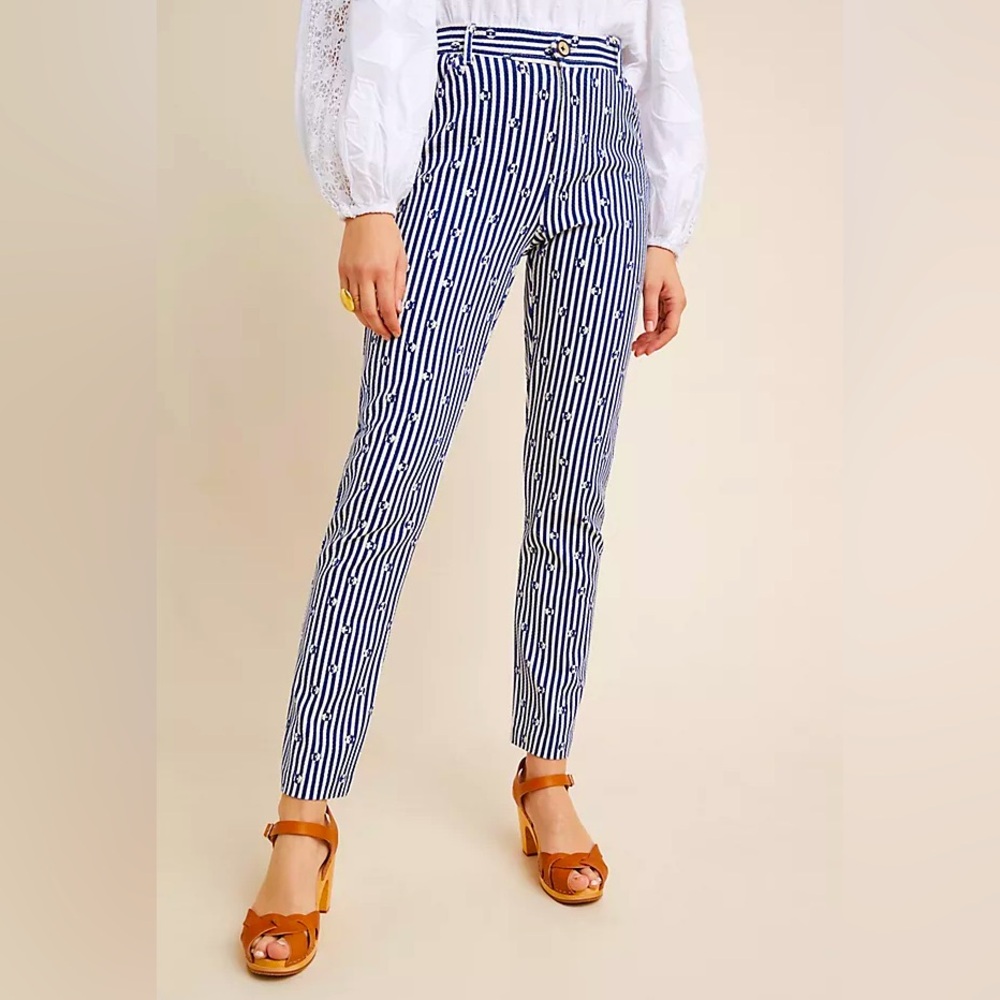Anthropologie The Essential Slim Pants Trousers Sz 2 Blue striped floral…